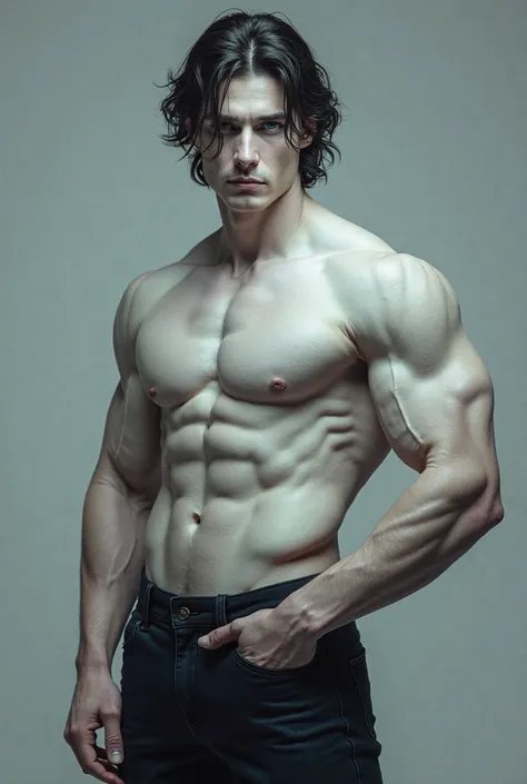  white-skinned man, high, strong blue eyes, black hair and strong but not very muscular