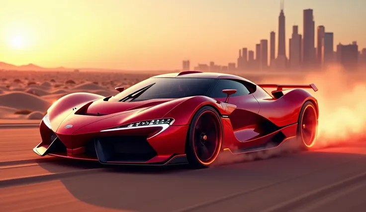 A luxury sports car red color with a streamlined design is racing at high speed in the desert. The car has glowing neon details. In the background on the horizon is a metropolis, the background is blurred to give the impression of high speed, a trail of li...