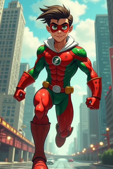 cartoon  teen superhero in red ,green and white 