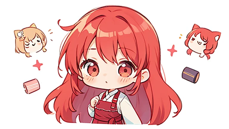 cute design,  the most beautiful girl I've ever seen、 chibi,デフォルメcute design, ,Long hair that goes up to the waist,Red wine red hair so red strawsﾄの腰までの chibiキャラ　１Man is a boy of　The background is a cute pastel color