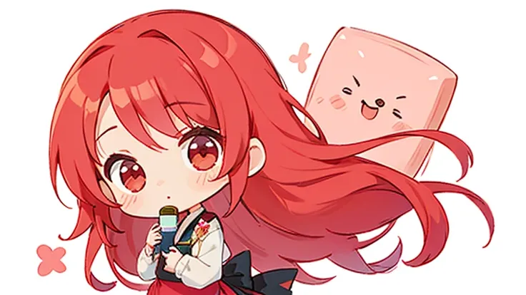 cute design,  the most beautiful girl I've ever seen、 chibi,デフォルメcute design, ,Long hair that goes up to the waist,Red wine red hair so red strawsﾄの腰までの chibiキャラ　１Man is a boy of　The background is a cute pastel color