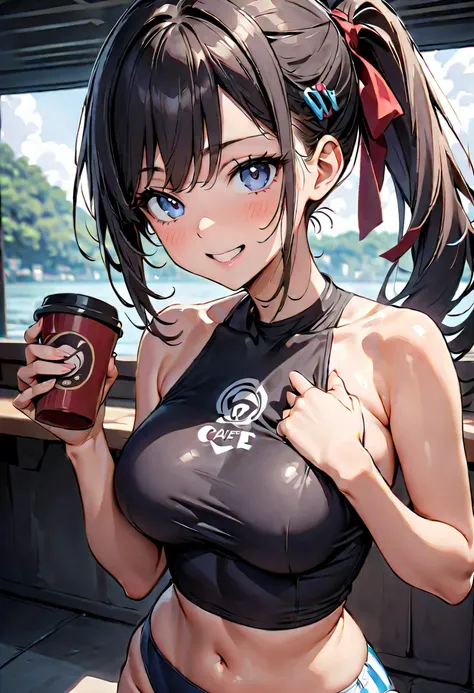 Commemorative photo of a girl ,  1 girl,   black hair, chiponytail，  hair clip,   girl,   One Piece Swimsuit, Cafe:1.2, , Coffee cup in hand:1.4,  cheeky face, mouths slightly open,  light and shadow with great attention to detail,   Background Blur :1.2, ...