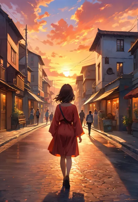 Cinematic Oil Painting,  Fascinating Anime , Walking the Streets, Journey on the Road, A Beautiful Sunset Creates Today's Satisfaction, Very Beautiful Back View...