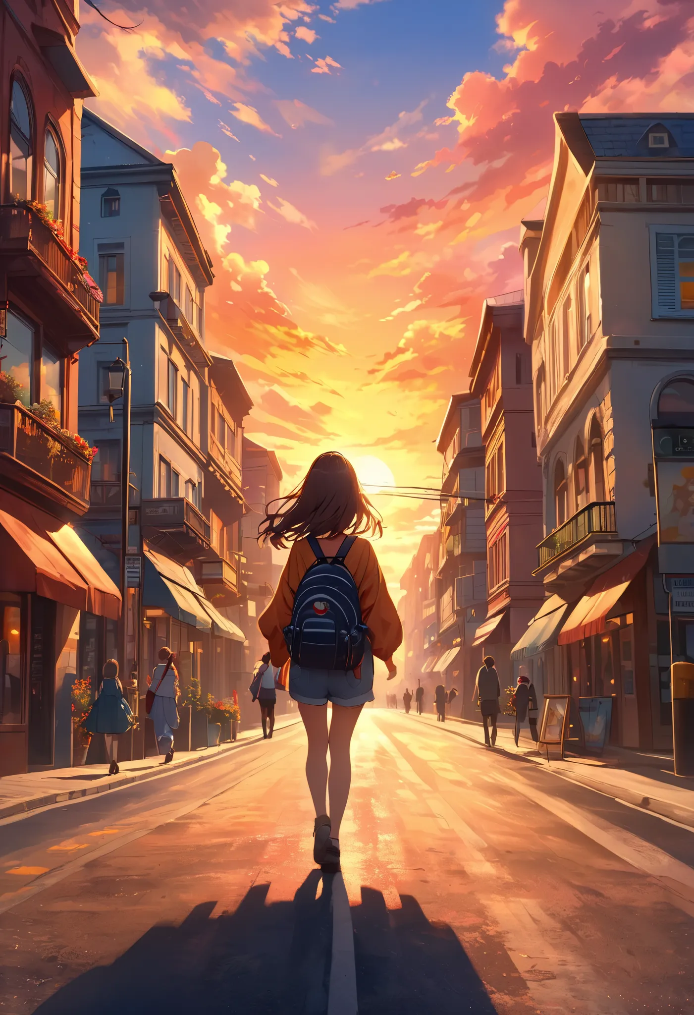 Cinematic Oil Painting,  Fascinating Anime , Walking the Streets, Road Trip, Beautiful sunsets create today's satisfaction, Very Beautiful Back View...