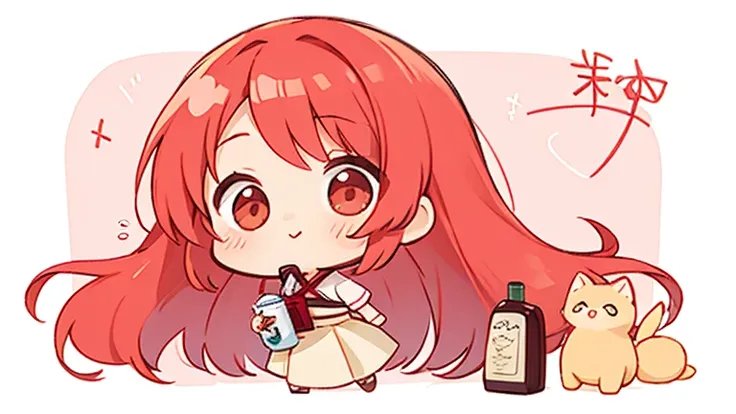 cute design,  the most beautiful girl I've ever seen、 chibi,デフォルメcute design, ,Long hair that goes up to the waist,Red wine red hair so red strawsﾄの腰までの chibiキャラ　１Man is a boy of　The background is a cute pastel color