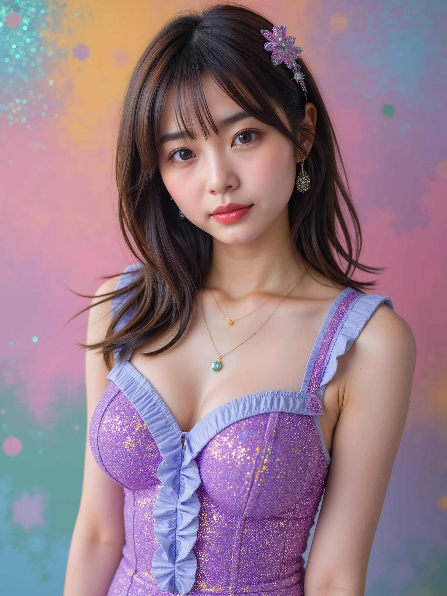  Real Photos, Brilliant Sparkling Portrait , ( masterpiece), ( best quality), ( very detailed), (shape), ( a Japanese girl ),  cute face like an idol  , (Made entirely with geometric prisms、 glitter made uniform with ruffles and jewelry made with an all-ov...