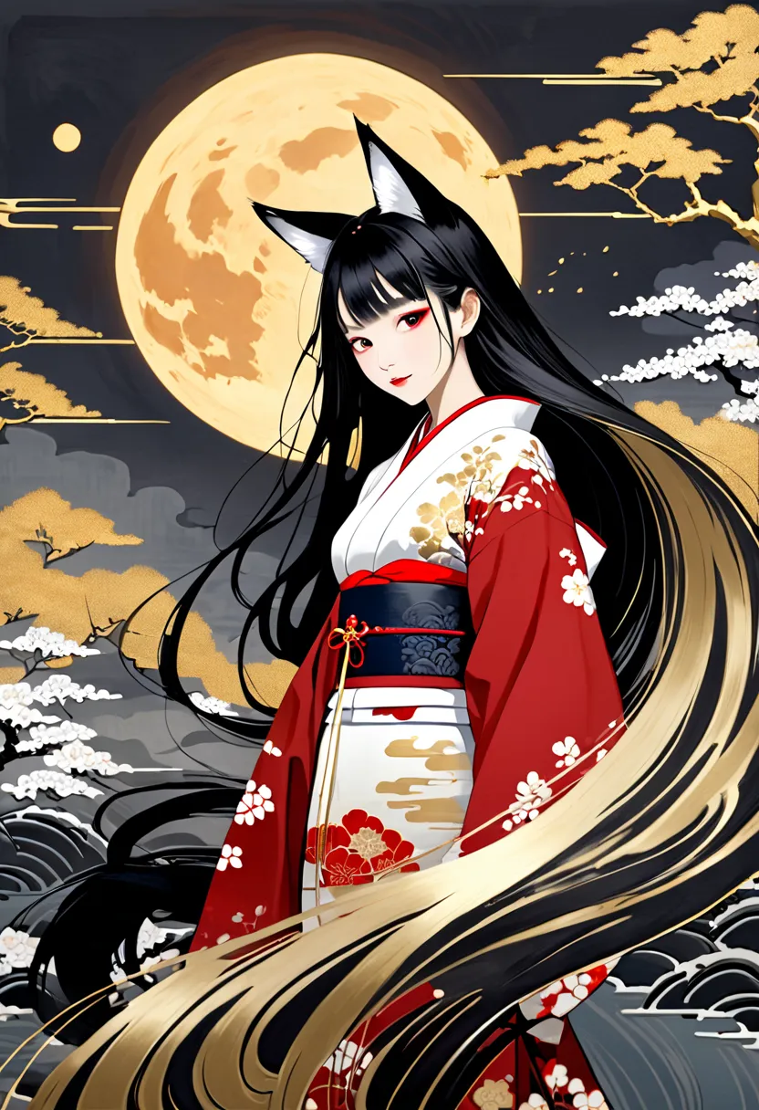 (masterpiece, best quality),ukiyo-e style,mystical fox-eared girl in elegant white and red kimono, standing under a glowing golden moon. Her long flowing hair blends into swirling ink and gold dust, creating an ethereal, sumi-e style painting. The atmosphe...