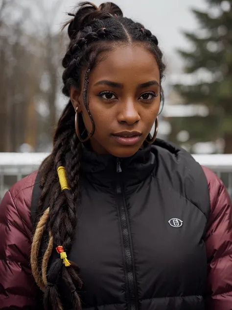 African black woman, very dark ebony skin, dreadlocks chignon, Fitness musclular body, With a down jacket for winter sports, close-up portrait 