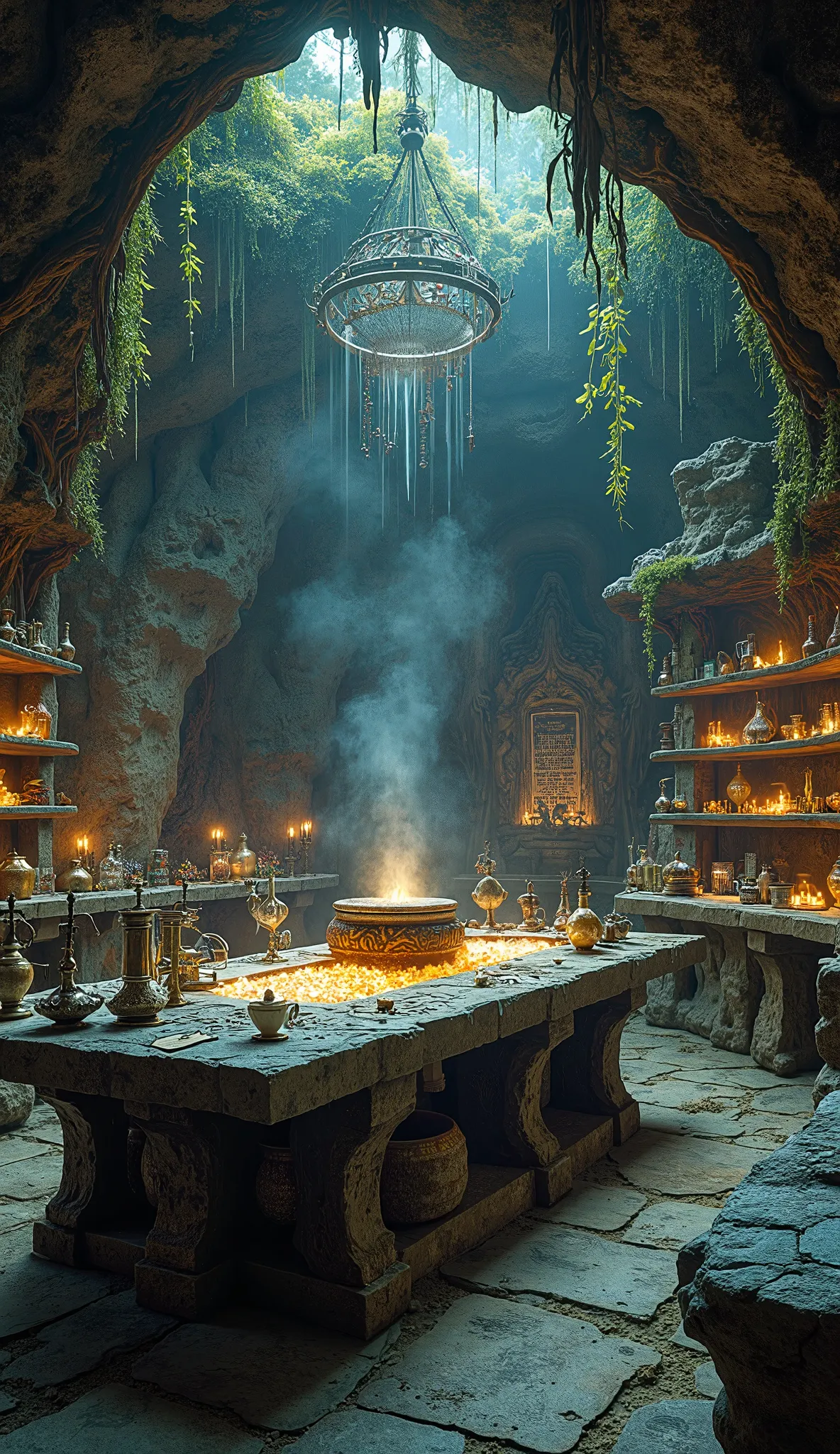 Deep within a cavernous underground chamber, the alchemy lab is a marvel of both nature and craftsmanship. The walls are hewn from ancient stone, glistening with moisture and adorned with bioluminescent fungi that cast a soft, ethereal glow throughout the ...