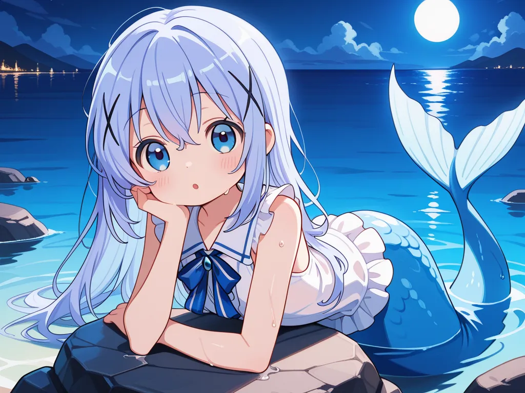 1girl, blue eyes, chino_kafuu, periwinkle colored hair, tiny, cute, innocent, long hair, hair ornament, mermaid, light blue tail, no legs, wet, submerged, ocean, sea, night, moonlight, on rock, arms rest, :o, white frills, sleeveless, (clothed, ultra kawai...