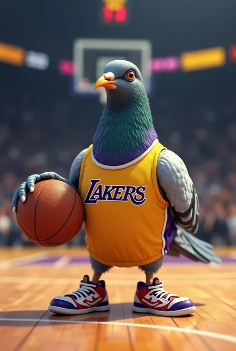 Generate a picture a nba pigeon that is playing for lakers