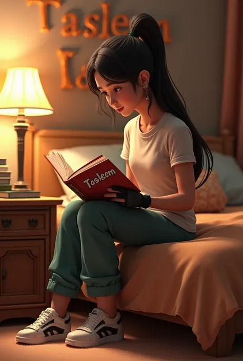 Create a 3d image 18 girl " Tasleem" she wear T shirt, pent, gloves, and watch in her left hand, long hair in tail she sitting in the room the corner on the bad che, read the book Show the name "Tasleem" on the book , keep books on the side table of the ba...