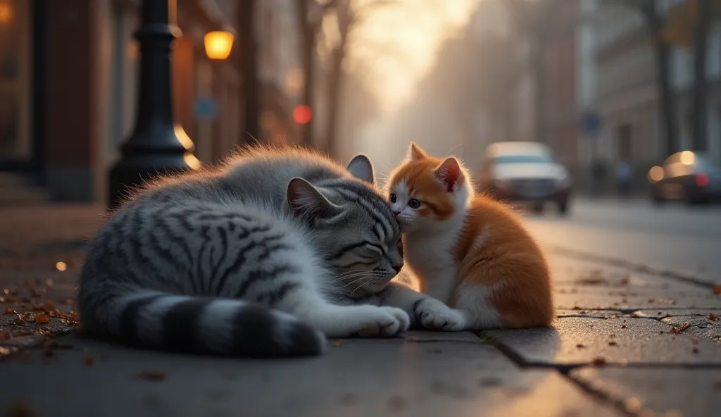 A touching scene on a quiet, foggy urban street at dusk. A pregnant mother cat with soft gray and white fur lies weakly on the wet sidewalk, her body slightly curled. A small, fluffy orange and white kitten stands close, nuzzling her with wide, worried eye...