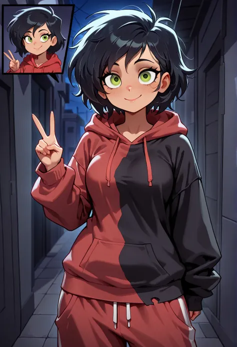 masterpiece,best quality,absurdres, (close-up:1.2), 1girl, dani phantom, petite, medium breasts, hips, short hair, black hair, messy hair, disheveled clothes, green eyes, ((red baggy hoodie)), ((baggy black sweatpants)), ((oversized clothes)), v, smile, cl...