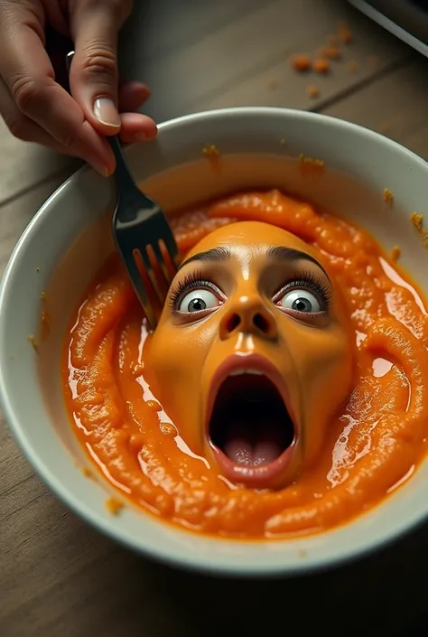 A hyperdetailed Carrot Puree bowl with a realistic human face. They are frightened.There is a person holding a fork about to eat them. The entire background should be on the dining table. 