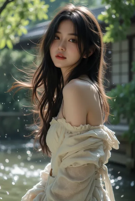 A naked Japanese woman with long, straight black hair, fit body, big breasts, standing in your garden of a Japanese house, full body photography, wind blowing hair, no lingerie