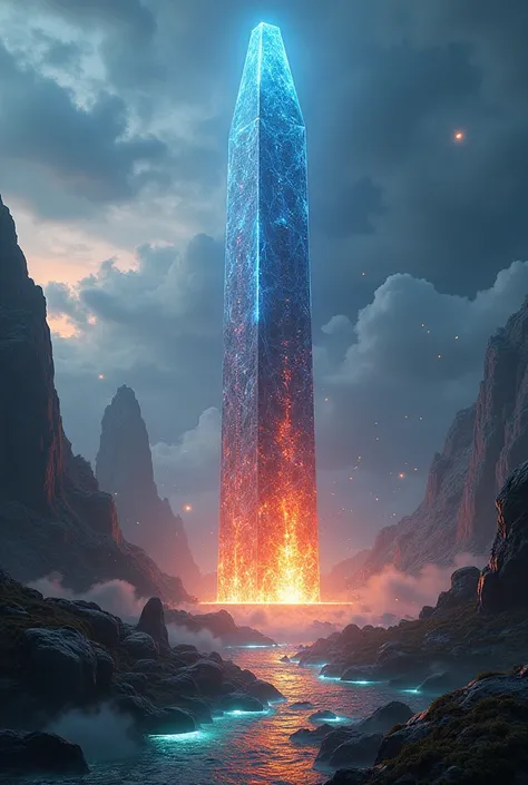 Hyperrealistic Atlantis Energy Nexus, colossal power crystal dominating the city core: 1.5km-tall prismatic monolith with embedded neutronium core pulsing tachyonic energy waves, fractal lattice channels glowing with Cherenkov blue from FTL particle stream...