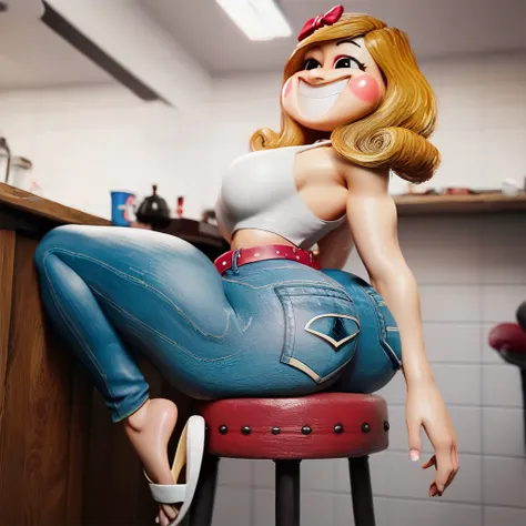 1girl, solo, score_8,   half body, miss delight, blonde hair, red hairbow, black eyes, grin, teeth, rosy cheeks,(((White mini fitted tank top))),tight thicc jeans,(((white flip flops))), dangling ,smiling,thicc fat ass, belt,sitting on a stool chair,big br...