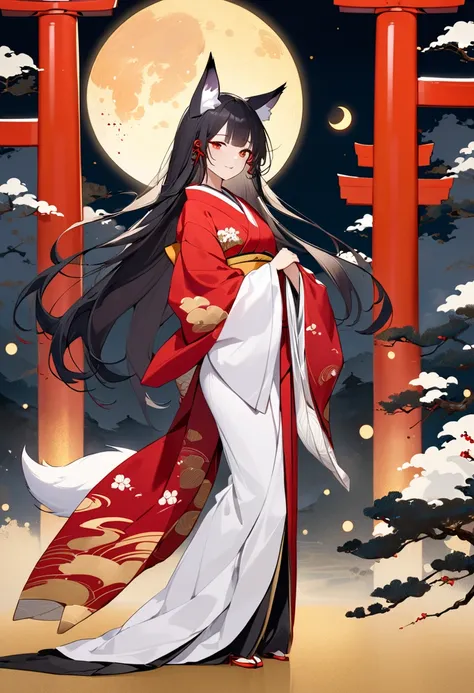 (masterpiece, best quality),ukiyo-e style,mystical fox-eared girl in elegant white and red kimono, standing under a glowing golden moon. red torii. Her long flowing hair blends into swirling ink and gold dust, creating an ethereal, sumi-e style painting. T...