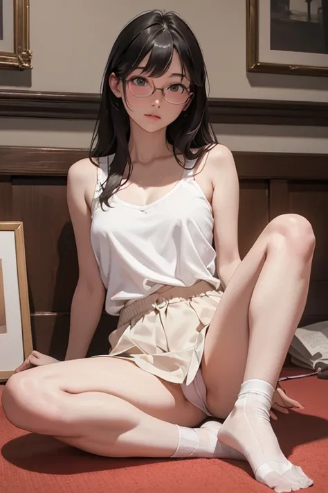 Highest quality、masterpiece、High sensitivity、High resolution、Detailed Description、Slender women、Glasses、White camisole、Sitting on the floor、A dimly lit pink room、(spread the legs)