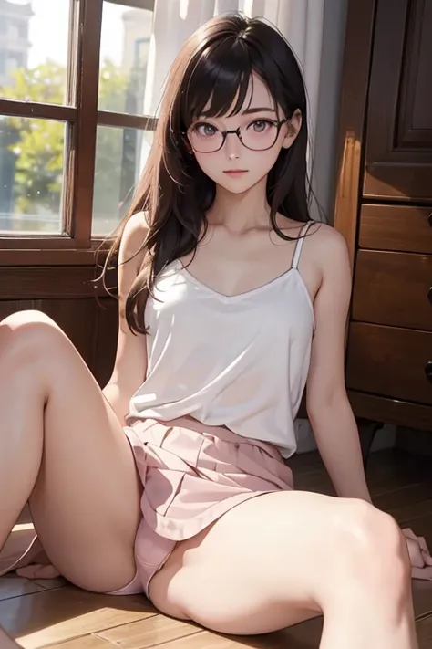 Highest quality、masterpiece、High sensitivity、High resolution、Detailed Description、Slender women、Glasses、White camisole、Sitting on the floor、A dimly lit pink room、(spread the legs)