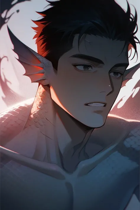 Male character, Humanoid sea monster, Half-human, half sea monster, Fins ears, Scales on skin, Dark hair, Stoic expression, Handsome, Black eyes, Shirtless; Dark, Eerie, and Psychopathic theme.