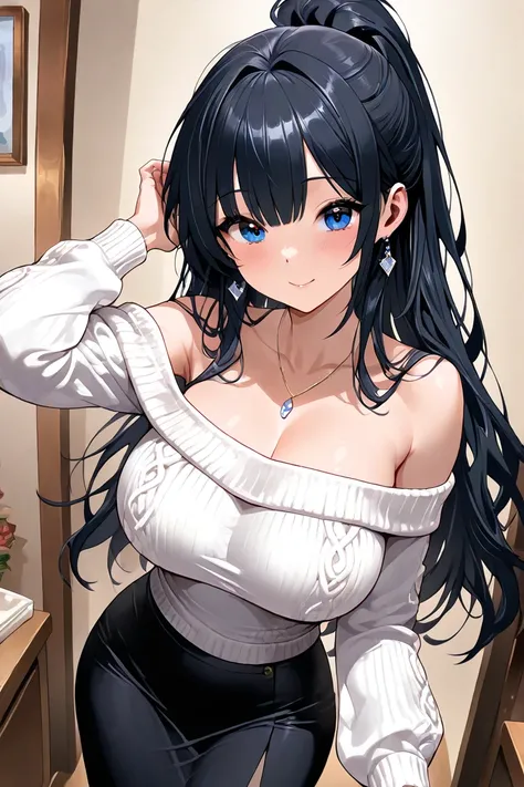 woman with black hair ponytail、 blue eyes、Big tits and slim、 enveloping motherhood、Somewhere the atmosphere is lazy、White off-the-shoulder sweater、Long Skirt