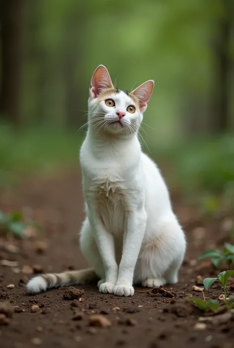 there is a cat that is sitting on the ground in the dirt, cat female with a whit and chest, cat in the forest, scratching head, cats on her side, the cat is walking, doing an elegant pose, cat playing lute in the garden, she is laying on her back, photo of...