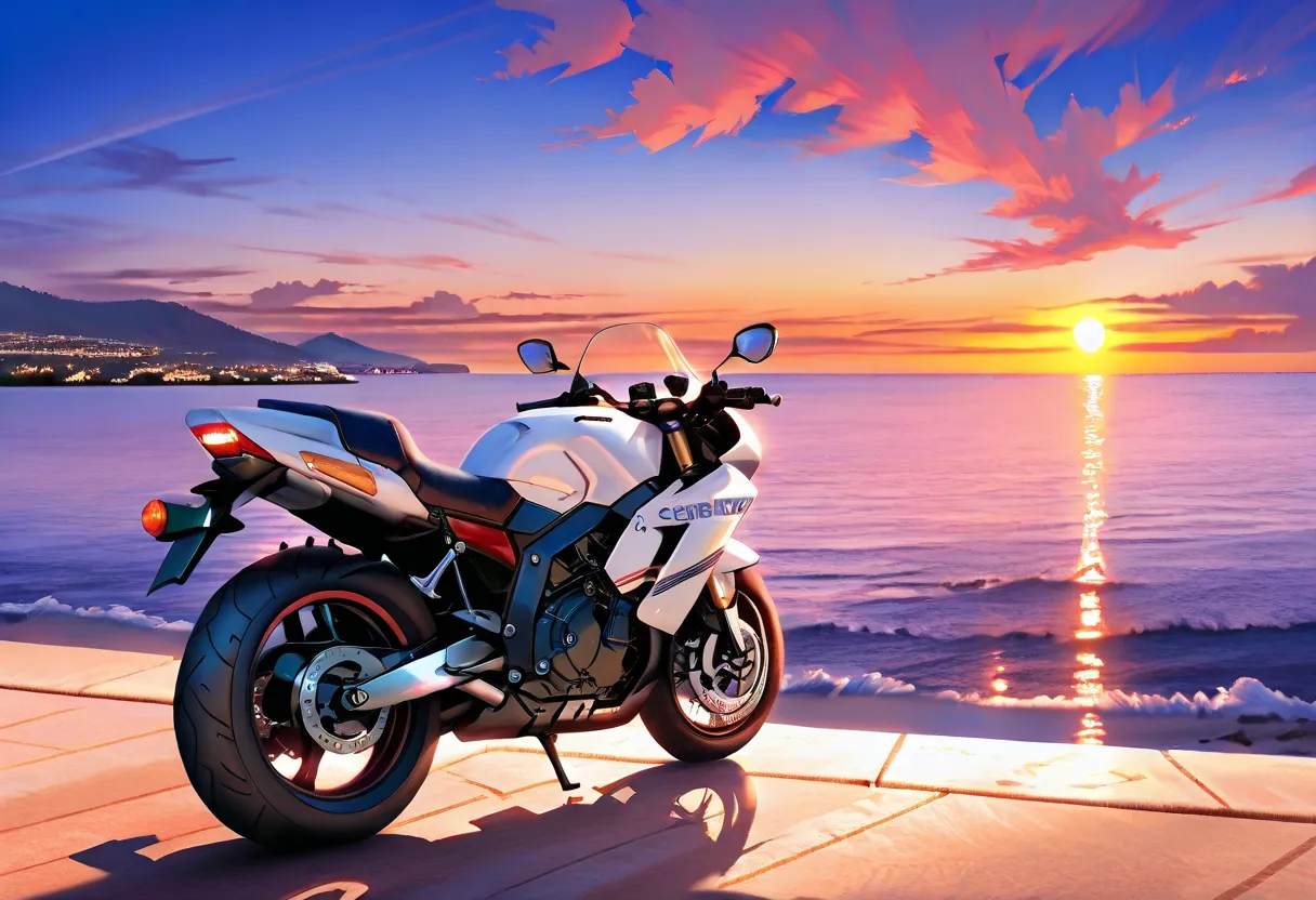 Silhouette of a tourist on a motorcycle, spectacular sunset over the coastal horizon, realistic, photorealistic, masterpiece, highest quality, 8K, 4K, detailed landscape, tranquil atmosphere, cinematic lighting, bright colors, adventure, solo travel, seasc...