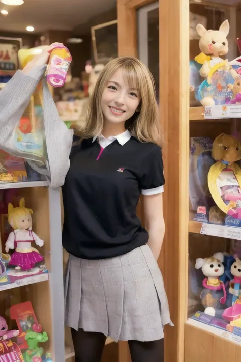 pictures of high quality cute slender blond European-style young women in toy stores, (: 1.6),  wearing a cute uniform , At a toy store.  Realistic Anatomy .  very long wavy blond hair,  beautiful happy smile ,  show me your legs ,  black tights, beautiful...