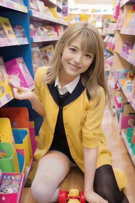 pictures of high quality cute slender blond European-style young women in toy stores, (: 1.6),  wearing a cute uniform , At a toy store.  Realistic Anatomy .  very long wavy blond hair,  beautiful happy smile ,  show me your legs ,  black tights, beautiful...