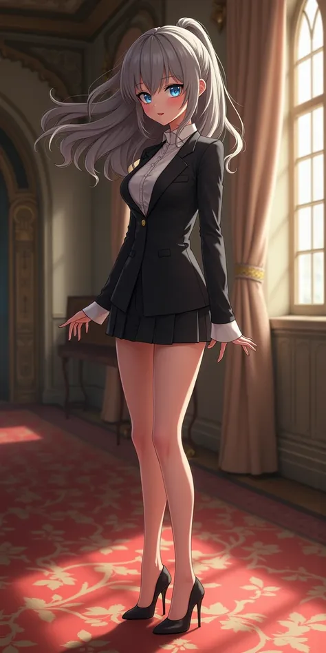 ((Characters in the Lady Luck cartoon, Fujishima Kansuke Style , xane value rendering,Photo realistic style CG,original photo,Real People,190 cm tall girl, girl has a height of 121 cm below the waist,Full body image of the heel area wearing super heels, xa...