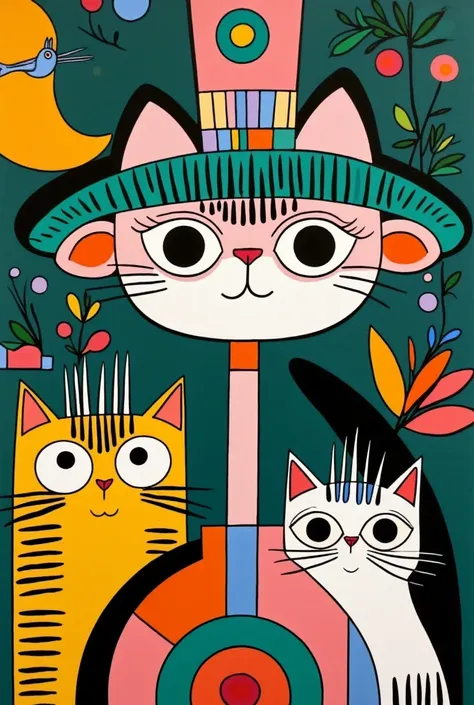 cats, bright country palette, in a bold print style, Alice Patullo, Laurie Hastings, Claire Halifax, Soft, An explosion of wild colors, Beautiful illustrations of miniature and small, painting, template icon