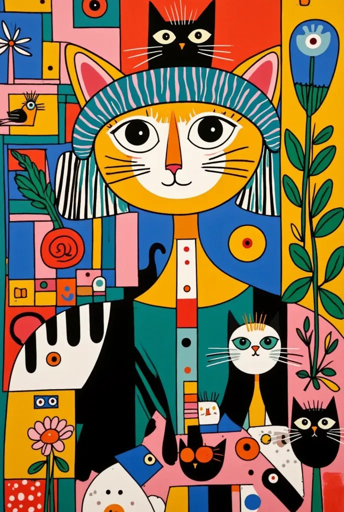 cats, bright country palette, in a bold print style, Alice Patullo, Laurie Hastings, Claire Halifax, Soft, An explosion of wild colors, Beautiful illustrations of miniature and small, painting, template icon