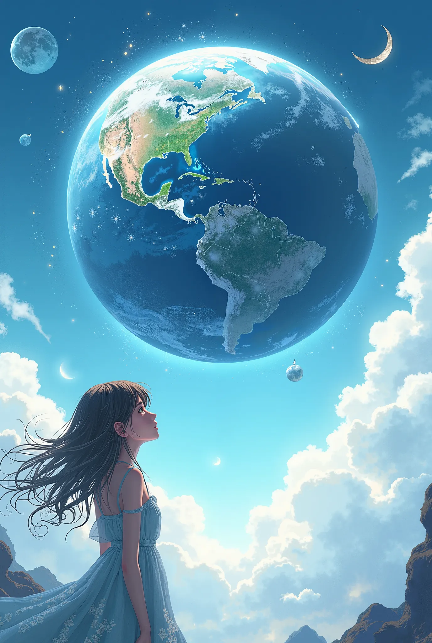 A web novel cover that portrays a anime style girl looking at the earth in front of her