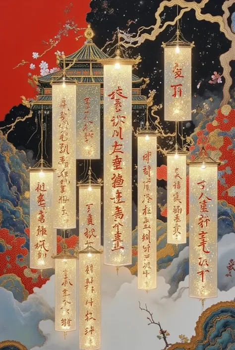 Many long yarn scrolls covered with calligraphy are shining in the air, surrounded by clouds and fog, and the picture is clean and simple ，red