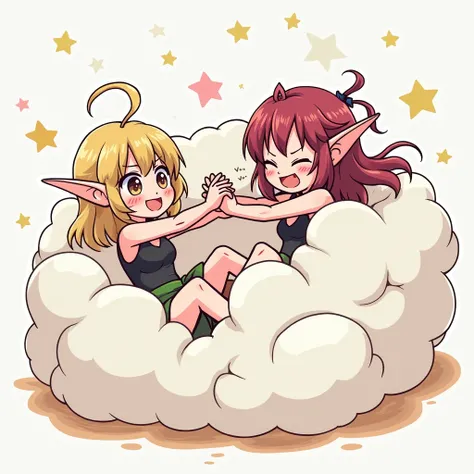 An anime-style illustration depicting elf-girls playfully wrestling with each other inside a comical fight cloud.
each elf-girl has different colored hair.
their faces,hands,and feet are visible emerging from the cloud as they tussle humorously,  with the ...