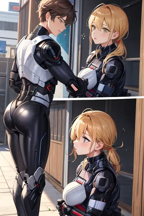 ,Backstreets,  attractive young Japanese in a shiny rider suit  ,   Robocop cosplay  , Looks weak, 18 years old, Weak,  is short,   plump lips,    handsome Robocop is handsomely kissed ,  tall ,  and a flirty blond man , Frightened RoboCop ,Ookurikara, 1bo...