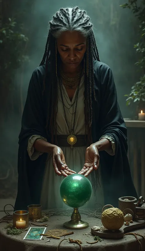 an older woman,  pele negra, Braids in the hair, She wears a long dress and a black tunic on top, She must appear to be a healer tarot card crystal ball 