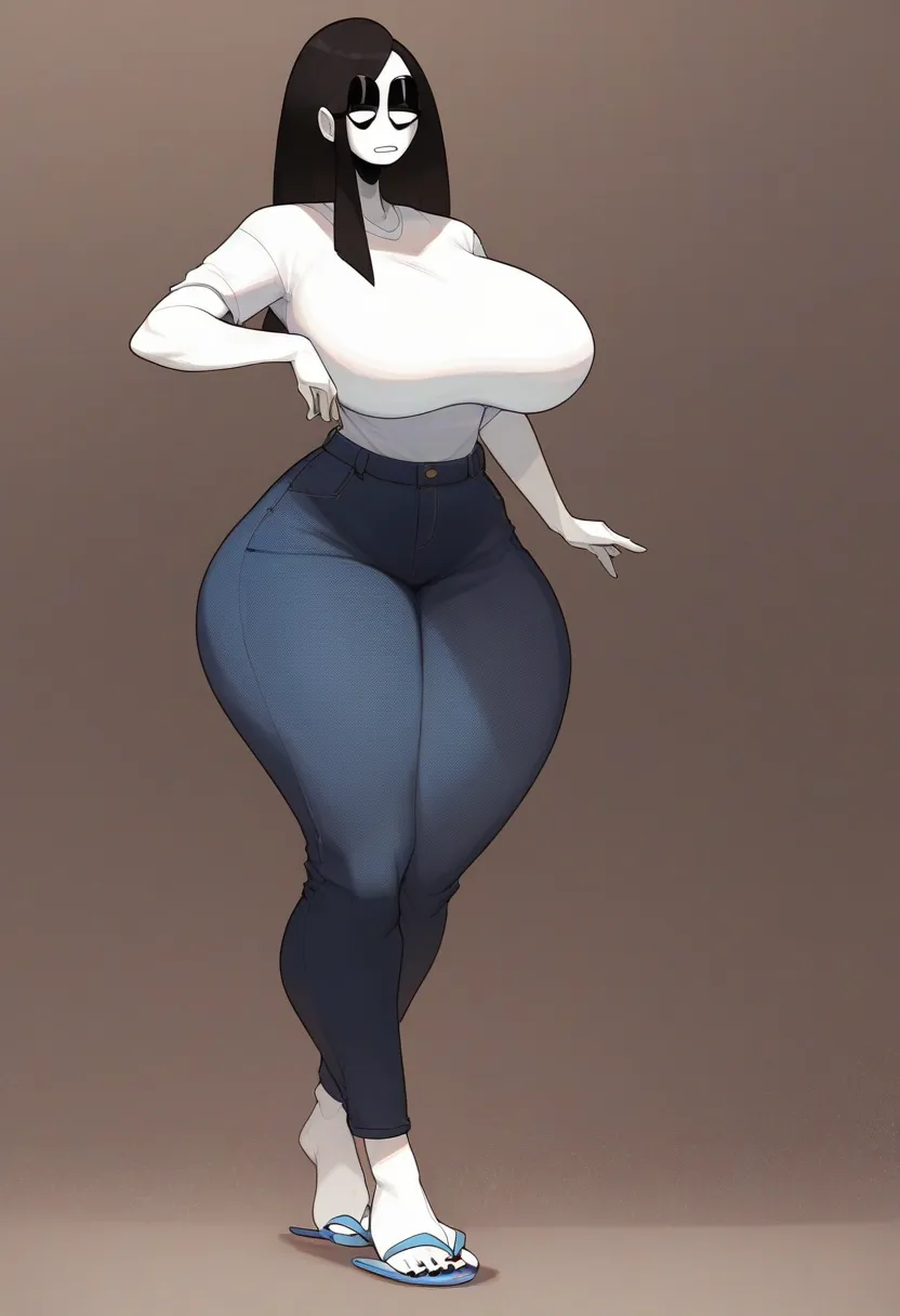 score_9, score_8_up, score_7_up, Veronica, 1girl, black hair, long hair, white skin, black eyeshadow,white shirt,tight thicc jeans, big breasts boobs,(((white flip flops))),full body