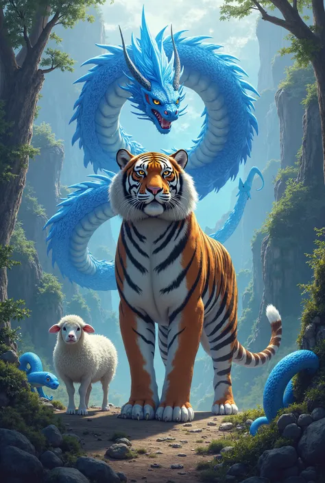 A big, powerful tiger in the center, On the left is a blue dragon, On the right is a blue snake. and a white baby sheep that you notice in the meantime.