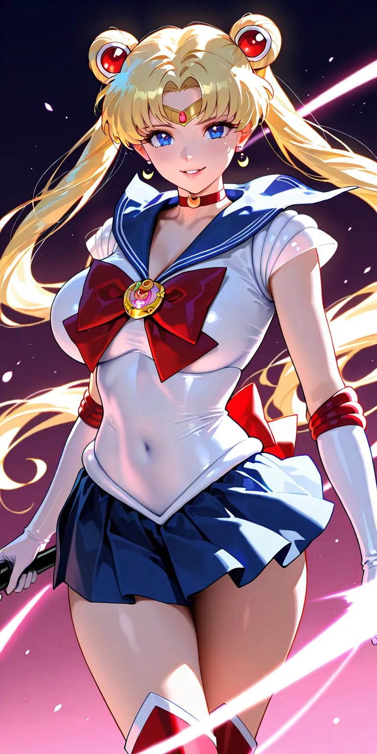 Masterpiece, newest, vibrant, very aesthetic, high contrast, mature woman, sailor moon\(sailor moon\), sailor senshi uniform (sailor senshi uniform shirt, sailor senshi uniform gauntlets, sailor senshi uniform skirt, sailor senshi uniform high boots), big ...