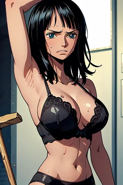  high definition, 8k,  detailed face,  Nico Robin in One Piece ,  sweatyの黒髪で褐色の女性が拷問部屋で、 being tortured with both arms tied with chains。changes women's underwear to black lingerie in the torture room。 the strong prison officer is holding a stick。showing hi...