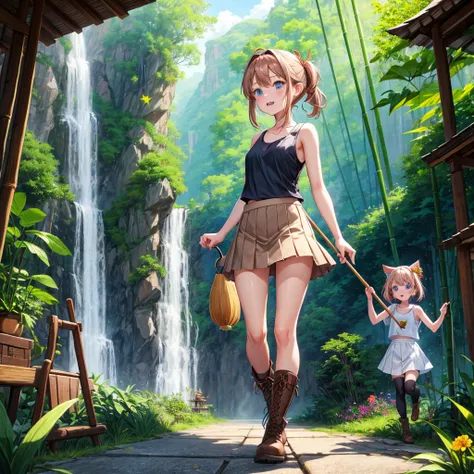 pink brown brown gold hair、  blue eyes、  Has hair tied  、Two cute people、  check mini skirt、  black t-shirt、 Light clothing、 tank top、 camisole、 high socks、 Boots、 teeth inside、  The Road Is Crooked 、Mountain々、Stick together  、 bamboo forest、 chest pocket ...