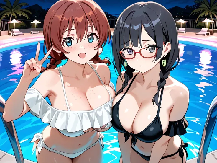  Masterpiece, best quality,( 2 Girls:1.2),In line, netorare,bitch,Nakagawa Nana , black hair, gray eyes, red glasses,ツイン braids,middle breasts,aroused,off-shoulder bikini,v sign,flashy earrings,standing,looking viewer,cowboy shot,Emma Verde, long hair,bang...