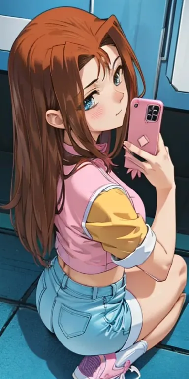  1 female, high definition,High resolution,  ultra-realistic  ,8K, serenidaddm ,  long hair,  brown hair,   pink shirt , blue shorts,  gray eyes, city,  blue sneakers , big breasts,European,sexy, Close-up of the upper body,  photographed from the front , D...