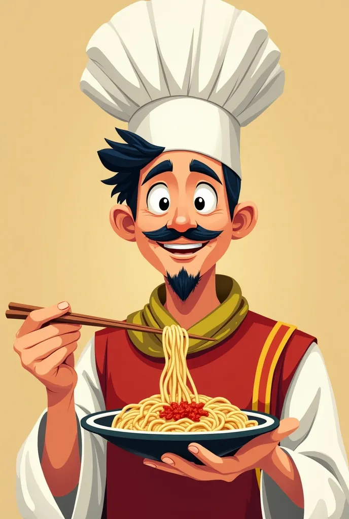 Man with slanted eyes, a mole close his nose, short mustache and goatee. he is smiling. Wearing a tall chef's hat, wearing red, yellow and green scarf. holding a ramen plate and showing ramen with chopstick. animation logo design.