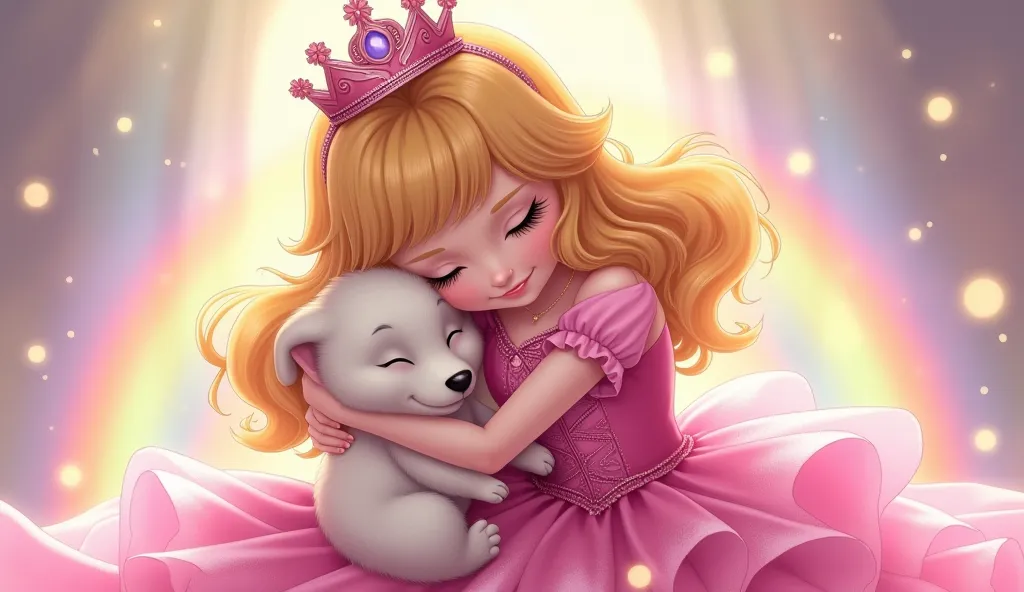 Portrait of a princess wearing a pink dress with an anime cartoon crown, hugging a puppy, attaching her face, a white dog closing her eyes.
The image is shimmering, shining, with a rainbow of light.