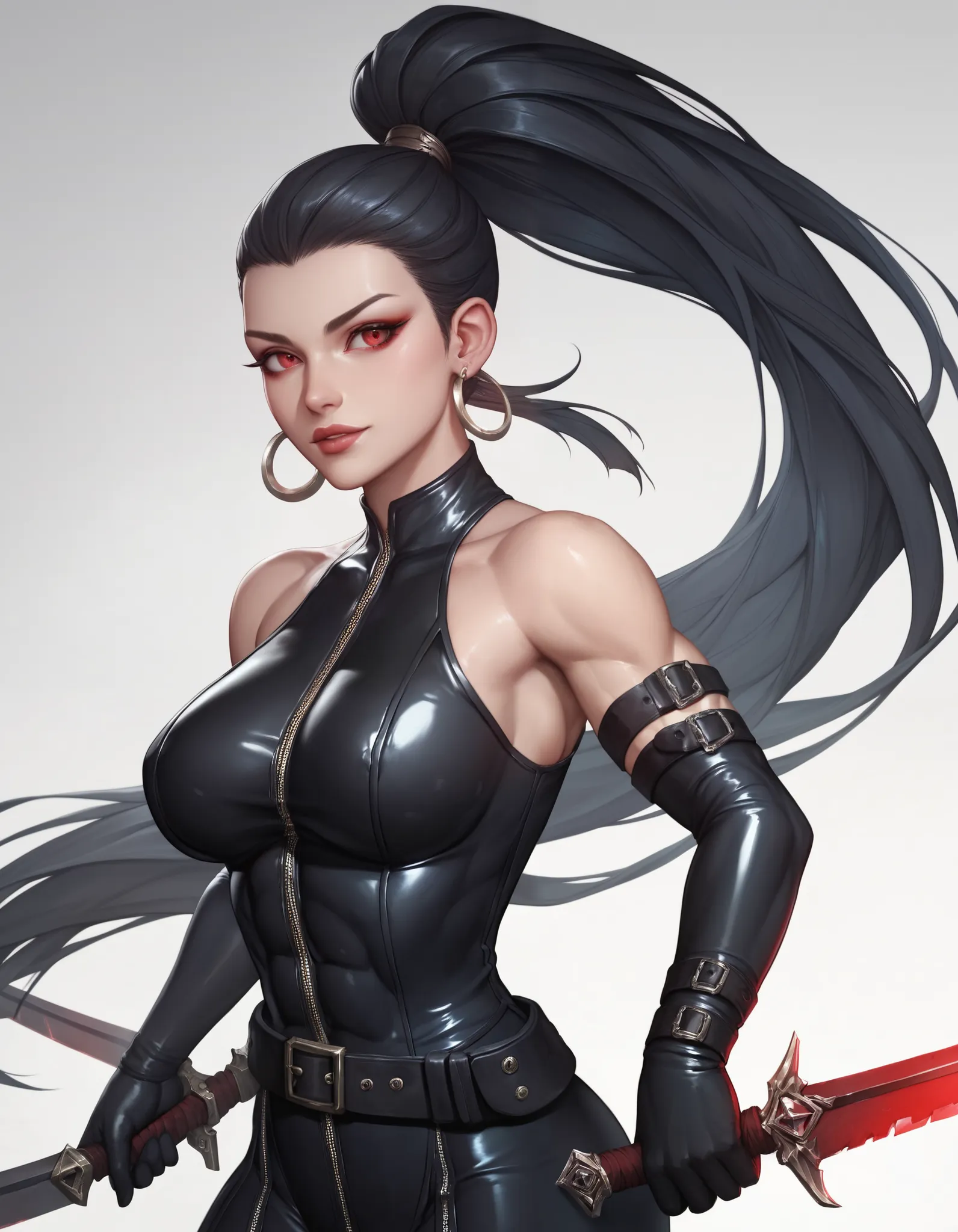 female black sleeveless latex bodysuit, black belt, racerback, bare shoulders, long gloves, black gloves, toned arms, beautiful faces, black ponytail with showing forehead, long ponytail, earrings, soft smooth skin, pale skin, white background, red eyes, s...