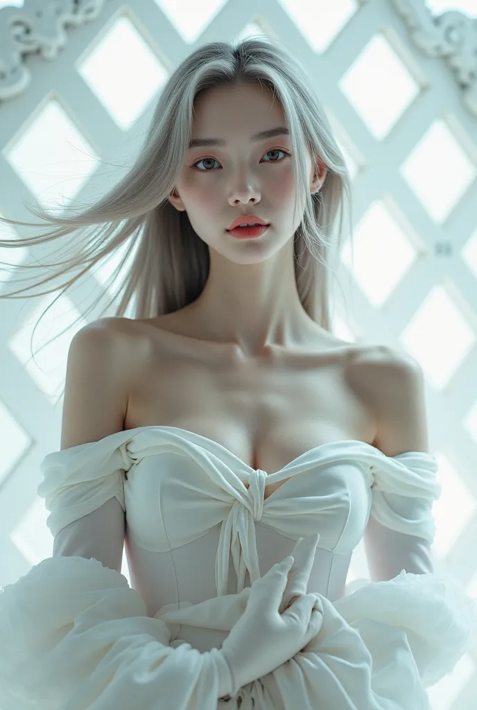 a woman with long hair wearing a white top and gloves on her chest and a white background with a white diamond pattern, Du Qiong, rococo, white background, a marble sculpture

